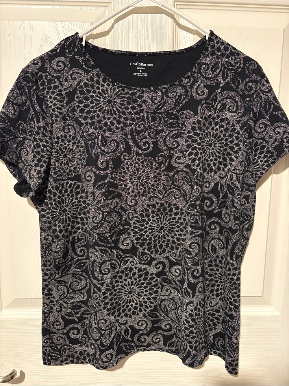 croft & barrow Black Top with Silver Floral Scroll Pattern